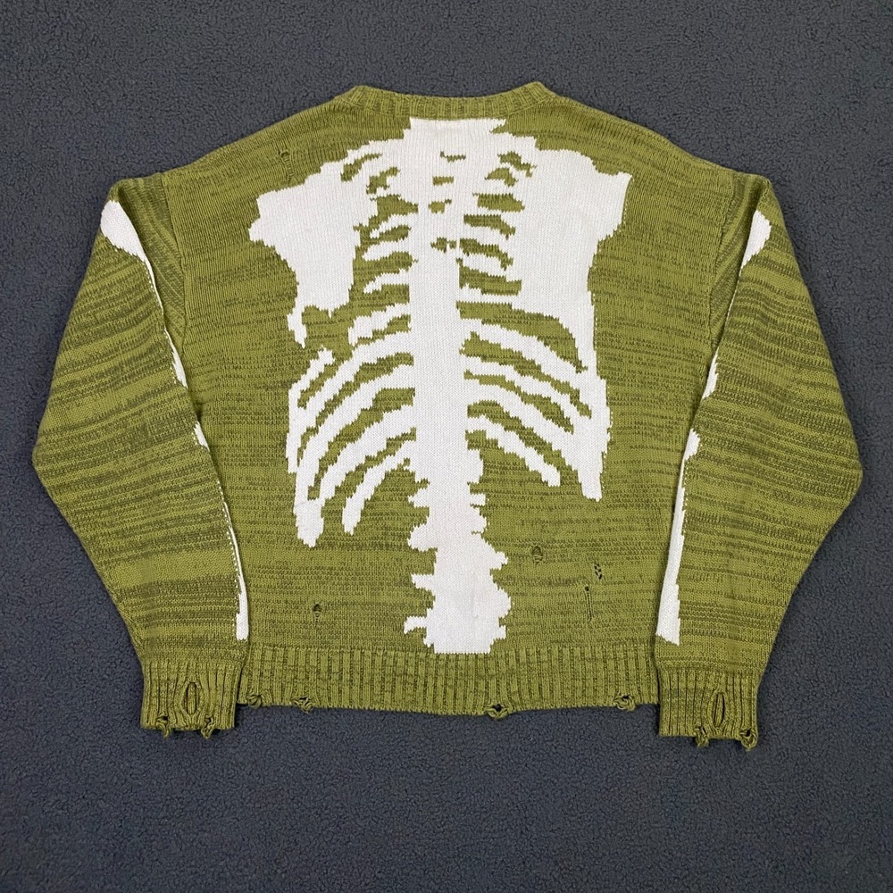 Kapital 5G Bone Knit Sweater size Medium Khaki Green Distressed Skeleton Japan